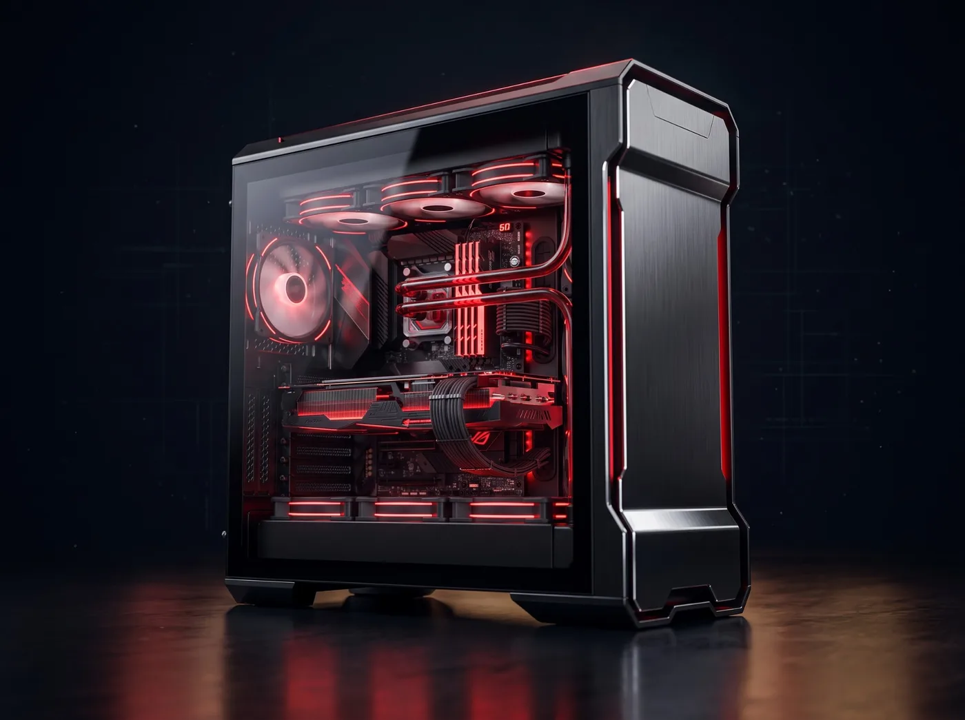 Abstrakcyjny render 3D: metalowa wstęga z czerwonym neonem, symbol serwisu i sprzętu komputerowego