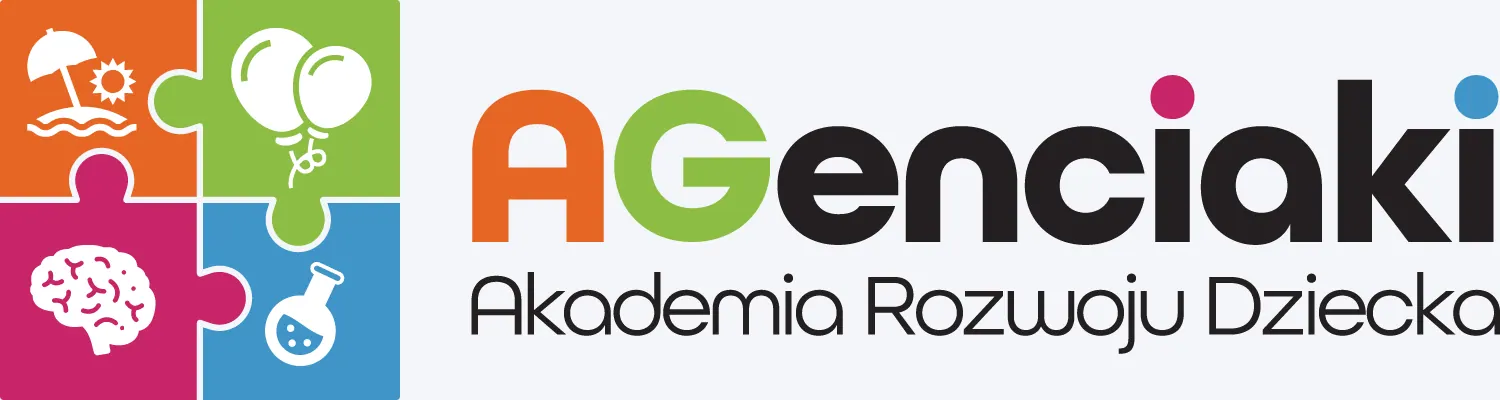 Logo AGenciaki Akademia Rozwoju Dziecka z czterema kolorowymi puzzlami i napisem