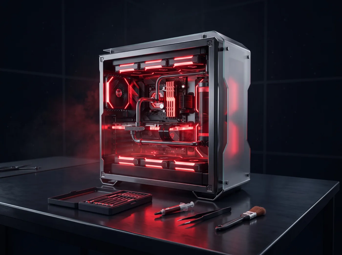 Abstrakcyjny render: świecący czerwony rdzeń z podzespołami komputera, symbol serwisu komputerowego